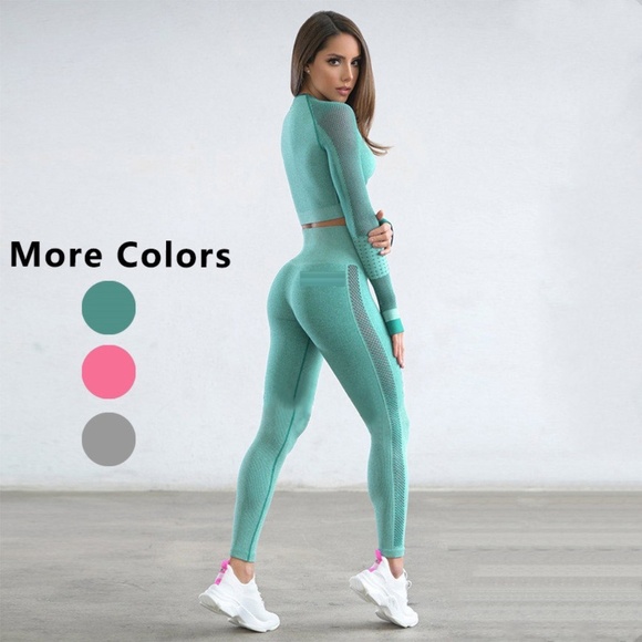 PINK ONLY -- 2 PCs  Workout Sport Seamless Tights - Picture 2 of 2